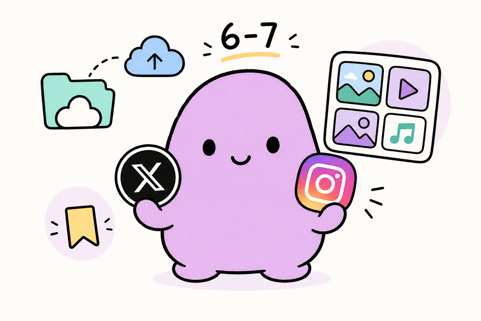 Tweet Media Archive mascot holding X and Instagram badges